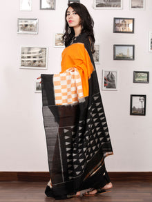 Black Orange White Ikat Handwoven Pochampally Mercerized Cotton Saree - S031703399