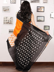 Black Orange White Ikat Handwoven Pochampally Mercerized Cotton Saree - S031703399