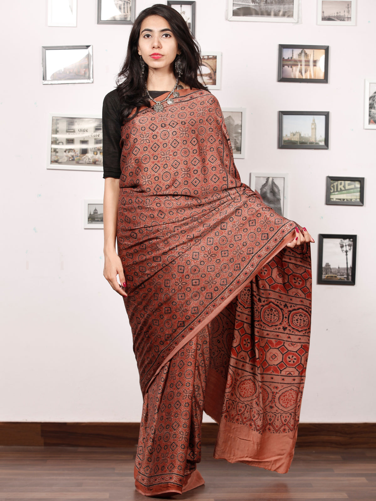 Rust Red Black Ajrakh Hand Block Printed Modal Silk Saree in Natural Colors - S031703378