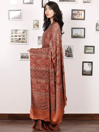 Rust Red Black Ajrakh Hand Block Printed Modal Silk Saree in Natural Colors - S031703378