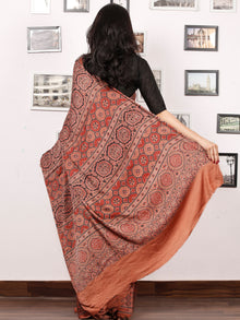 Rust Red Black Ajrakh Hand Block Printed Modal Silk Saree in Natural Colors - S031703378