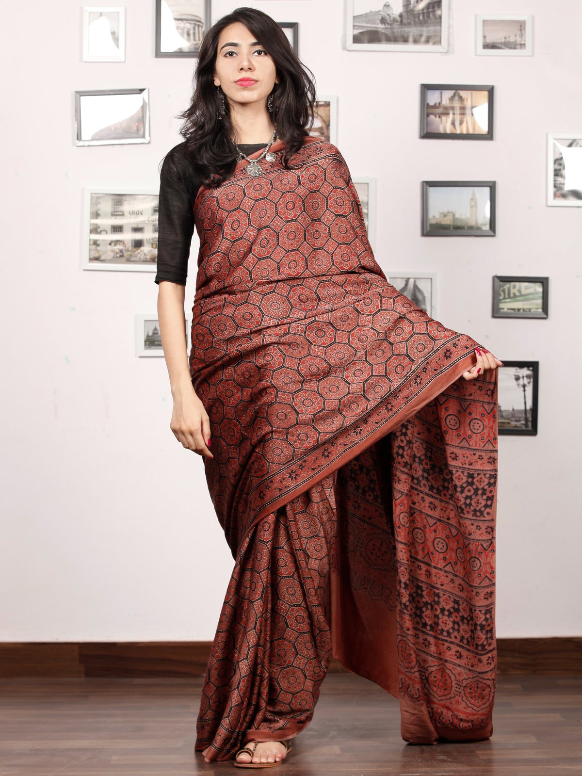 Rust Red Black Ajrakh Hand Block Printed Modal Silk Saree in Natural Colors - S031703379