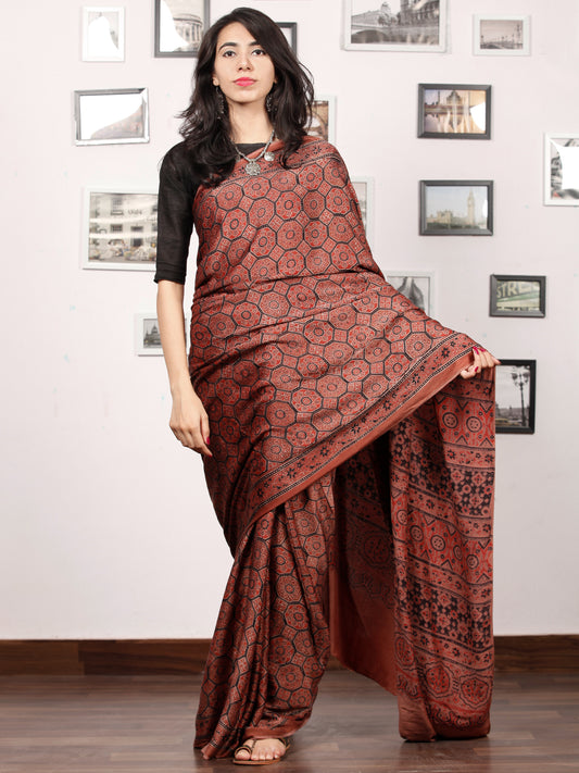 Rust Red Black Ajrakh Hand Block Printed Modal Silk Saree in Natural Colors - S031703379