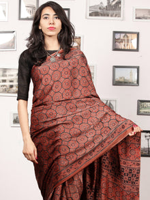 Rust Red Black Ajrakh Hand Block Printed Modal Silk Saree in Natural Colors - S031703379