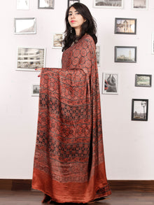 Rust Red Black Ajrakh Hand Block Printed Modal Silk Saree in Natural Colors - S031703379