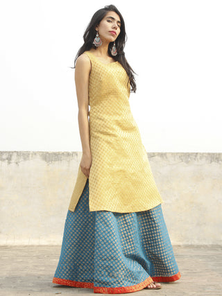 Golden Kurta with Cerulean Blue Skirt with Red Border (Set of two) - D131F001