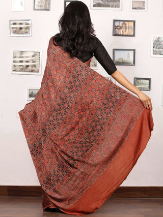 Rust Red Black Ajrakh Hand Block Printed Modal Silk Saree in Natural Colors - S031703379
