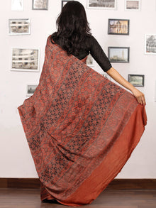 Rust Red Black Ajrakh Hand Block Printed Modal Silk Saree in Natural Colors - S031703379
