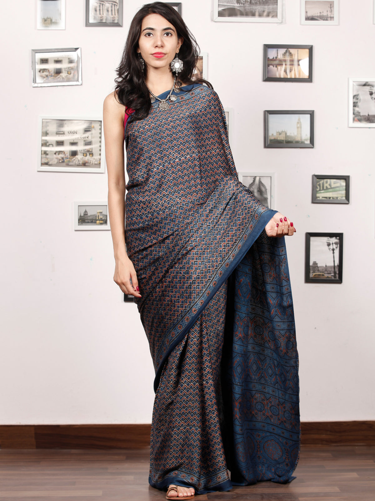 Indigo Rust Black Ajrakh Hand Block Printed Modal Silk Saree in Natural Colors - S031703380