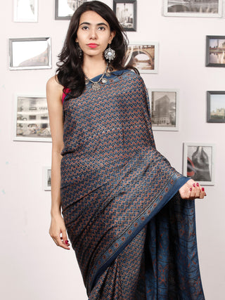 Indigo Rust Black Ajrakh Hand Block Printed Modal Silk Saree in Natural Colors - S031703380