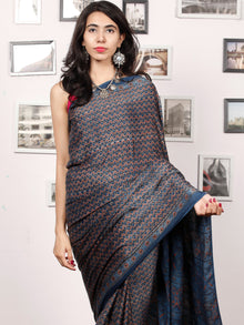 Indigo Rust Black Ajrakh Hand Block Printed Modal Silk Saree in Natural Colors - S031703380