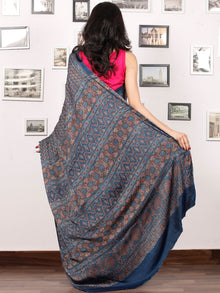 Indigo Rust Black Ajrakh Hand Block Printed Modal Silk Saree in Natural Colors - S031703380