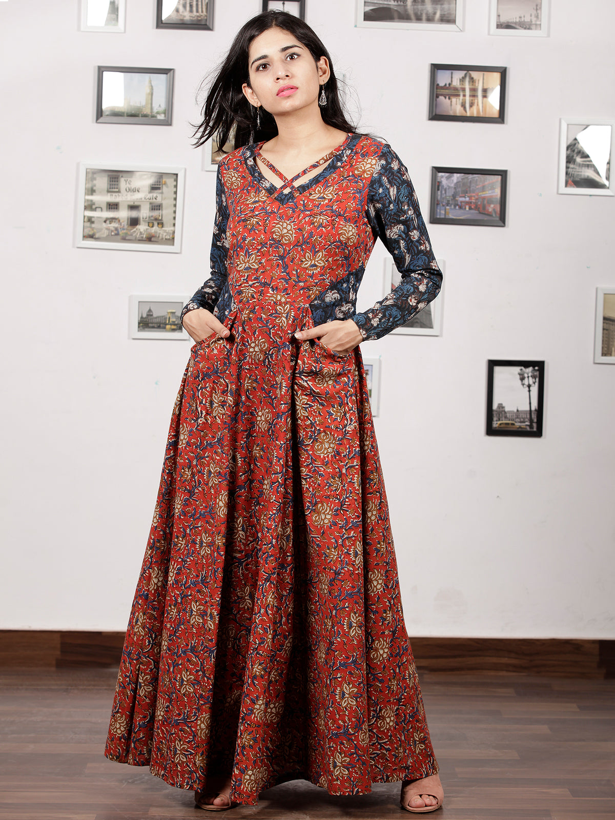 Red Indigo Ivory Hand Block Printed Long Cotton Dress With Pockets - D213F1218