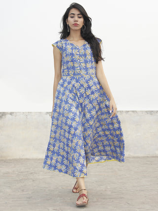Cornflower Blue Yellow Green White Hand Block Printed Cotton Midi Dress  - D153F1067