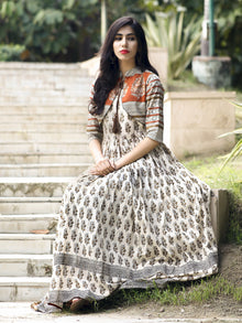 Naaz Ivory Rust Mustard Hand Block Printed Long Cotton Gather Dress with Tassels - DS14F002