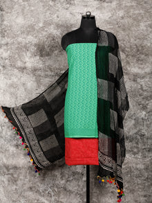 Green Red Black White Hand Block Printed Cotton Suit-Salwar Fabric With Chiffon Dupatta (Set of 3) - SU01HB323