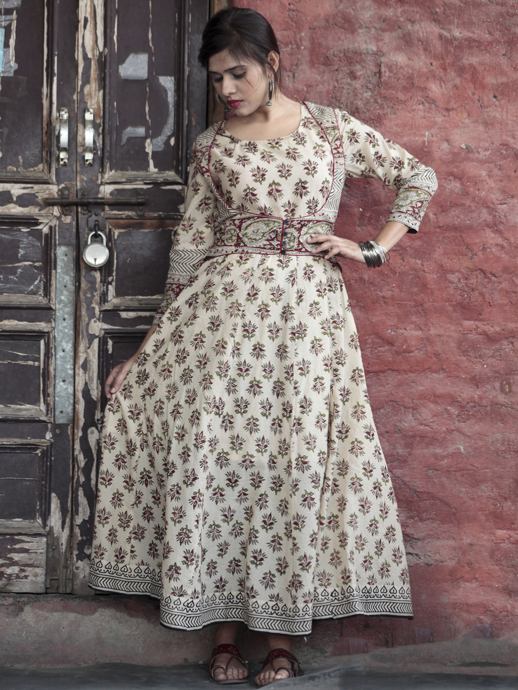 Long Hand M Dresses Naaz Beige Maroon Olive Green Hand Block