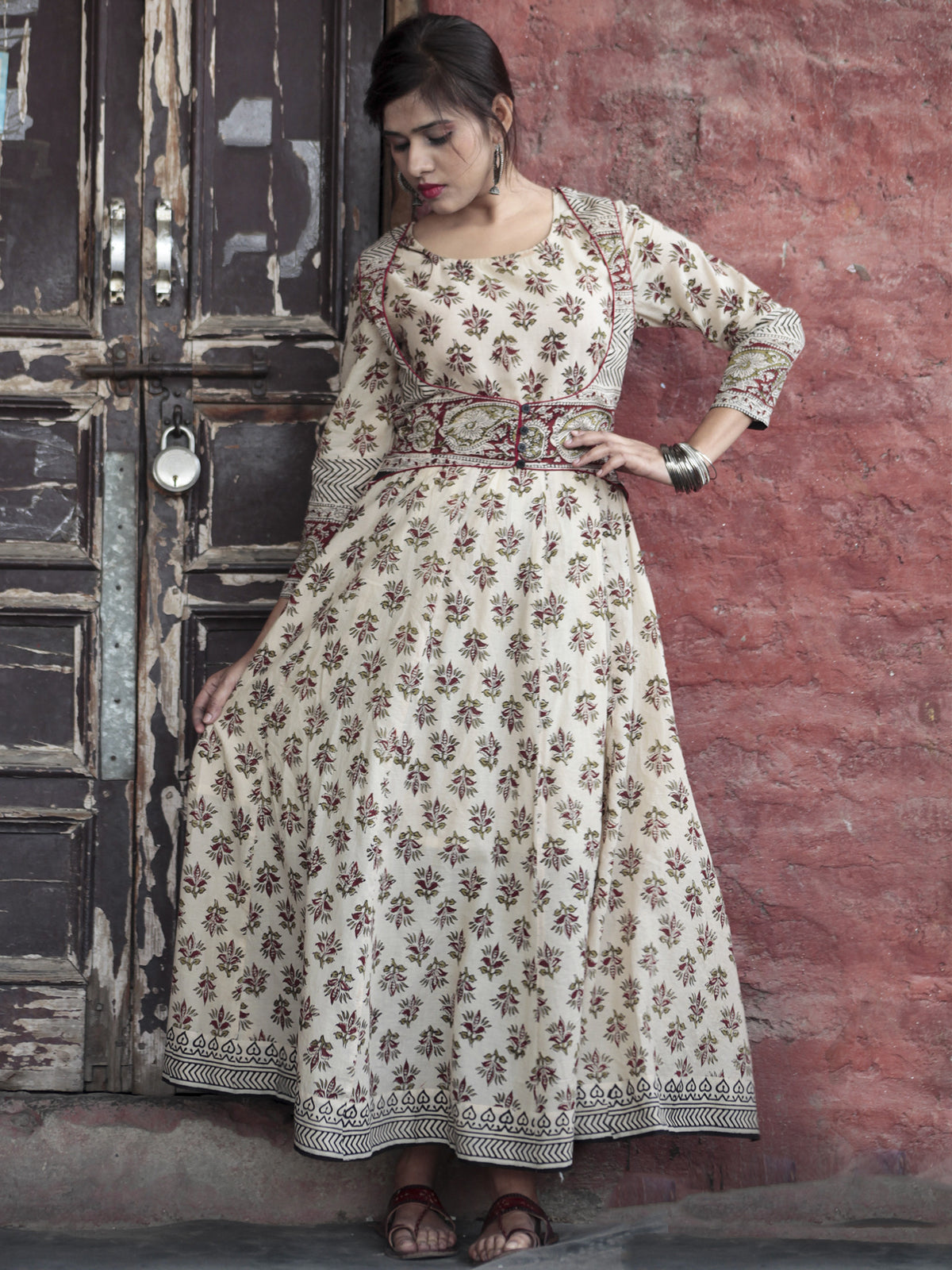 Naaz Beige Maroon Olive Green Hand Block Printed Long Cotton Dress with Lining - DS12F001