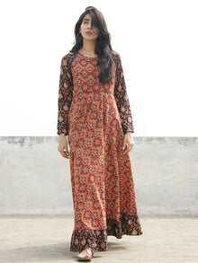 Red Black Mustard Indigo Ivory  Long Hand Block Printed Cotton Dress With Frills  - D06F888