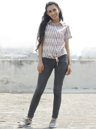 Ivory Mustard Red Blue Hand Woven Ikat Front Knot Ikat Shirt  - T15F747