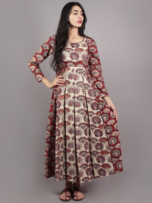 Red Beige Blue Black Hand Block Printed Cotton Dress With Box Pleats - D5958701