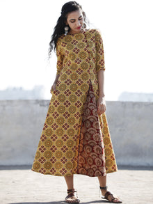 Yellow Maroon Black Hand Block Ajrakh Printed Long Cotton Dress With Side Pleat- D187F865