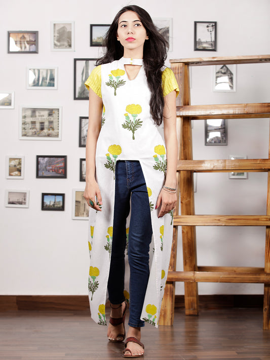 White Yellow Green Hand Block Printed Long Kurta in Natural Colors - K102F1501