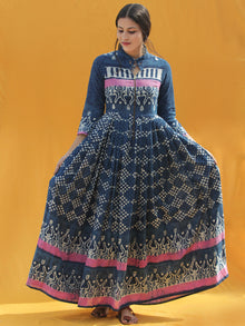 Naaz Rawza - Hand Block Printed Long Cotton Dress With Front Zip - DS82F001
