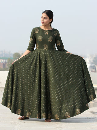 Diba - Green Gold Block Printed Long Urave Cut Dress - D384FDDDD