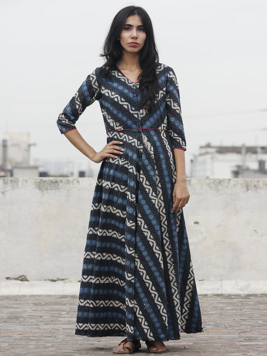 Grey Indigo Ivory Black Hand Block Printed Long Cotton Dress With Front Opening  - D79F901