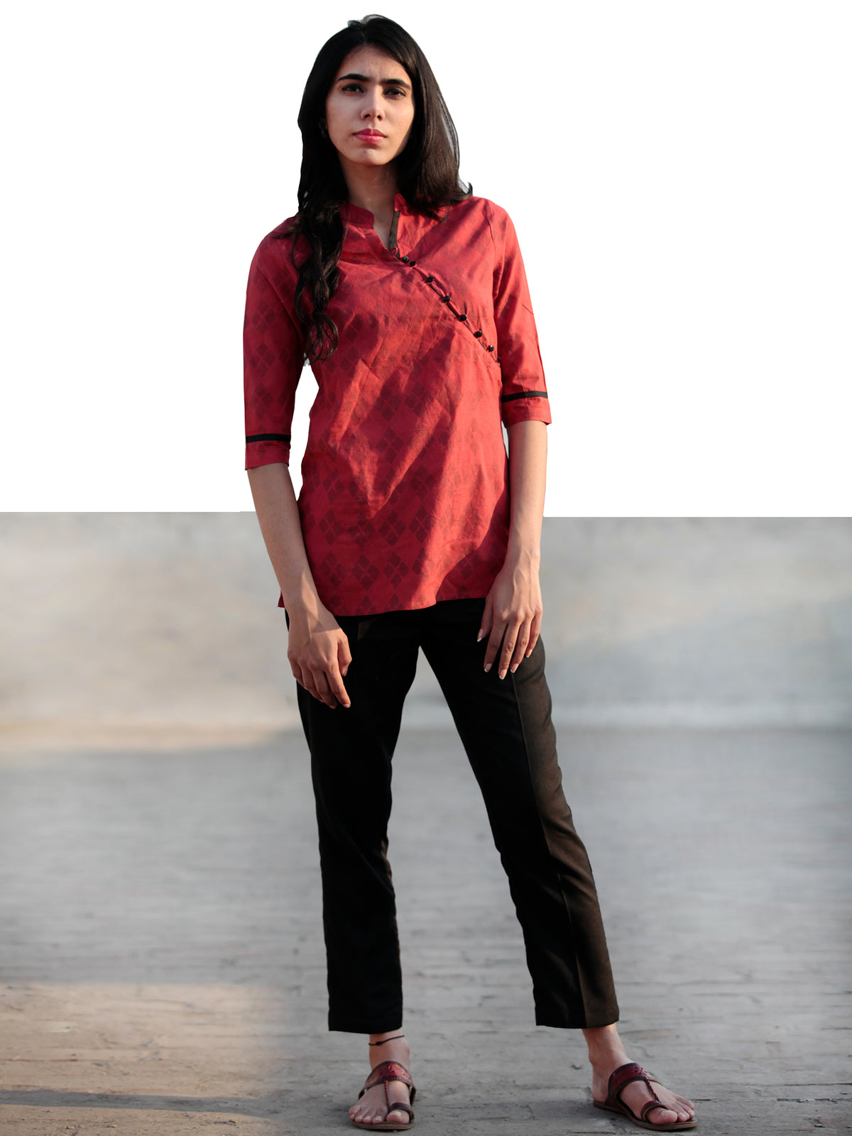 Red Black Hand Block Printed Cotton Top With Stand Collar- T35F461