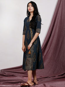 Indigo Mustard Brown Hand Block Printed Dress With Angrakha Style - D232F1315