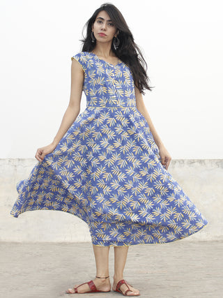 Cornflower Blue Yellow Green White Hand Block Printed Cotton Midi Dress  - D153F1067