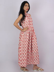 Pink Ivory Ikat Handwoven Long Cotton Sleeveless Pleated Dress With Lace Insert - D2857301