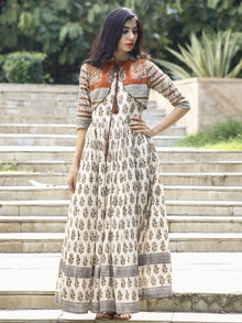 Naaz Ivory Rust Mustard Hand Block Printed Long Cotton Gather Dress with Tassels - DS14F002