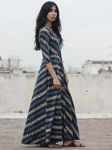 Grey Indigo Ivory Black Hand Block Printed Long Cotton Dress With Front Opening  - D79F901