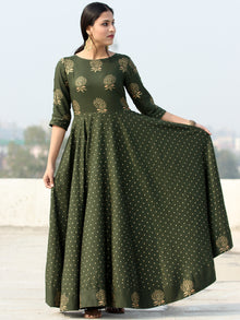 Diba - Green Gold Block Printed Long Urave Cut Dress - D384FDDDD