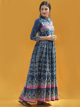 Naaz Rawza - Hand Block Printed Long Cotton Dress With Front Zip - DS82F001