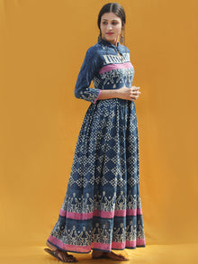 Naaz Rawza - Hand Block Printed Long Cotton Dress With Front Zip - DS82F001
