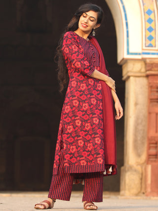Garden Stripes - Block Printed Kurta Set With Dupatta - SS01F1938