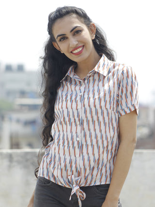 Ivory Mustard Red Blue Hand Woven Ikat Front Knot Ikat Shirt  - T15F747