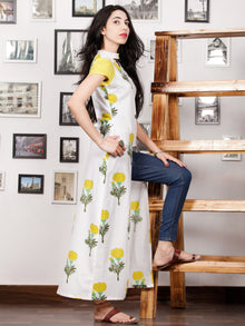 White Yellow Green Hand Block Printed Long Kurta in Natural Colors - K102F1501