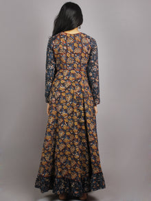 Indigo Maroon Black Brown White Hand Block Printed Long Cotton Dress With Gather - D0660216