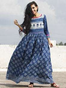 Naaz Indigo Ivory Magenta Hand Block Printed Long Dress With Gathers -  DS16F001