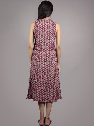 Plum, Indigo, Black, Ivory Hand Block Ajrakh Printed Cotton Sleeveless Dress  - D5767801