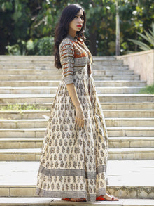 Naaz Ivory Rust Mustard Hand Block Printed Long Cotton Gather Dress with Tassels - DS14F002