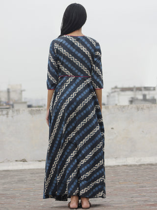 Grey Indigo Ivory Black Hand Block Printed Long Cotton Dress With Front Opening  - D79F901
