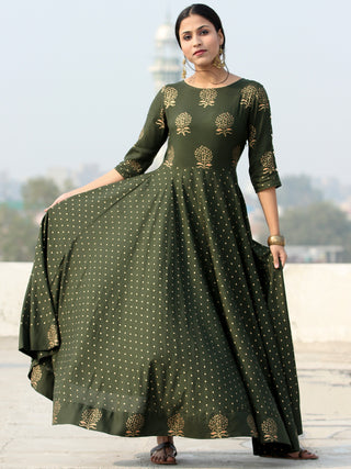 Diba - Green Gold Block Printed Long Urave Cut Dress - D384FDDDD