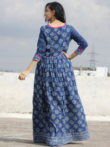 Naaz Indigo Ivory Magenta Hand Block Printed Long Dress With Gathers -  DS16F001