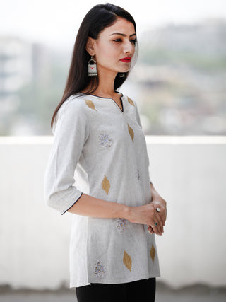 Off White Silver Golden Embroidered Cotton Top  - T59FXXX